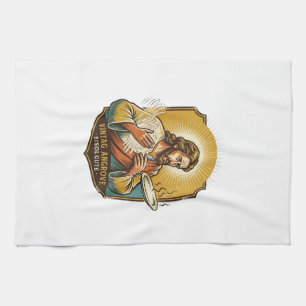 Jesus Burned Finger Taking Plate Out Microwave Kit Tea Towel
