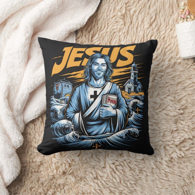Jesus by lighthouse at sunset waves cushion (Blanket)