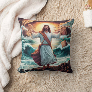 Jesus calming the storm near the shore cushion