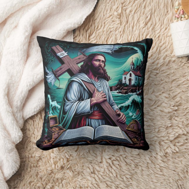Jesus carries the cross by the turbulent sea cushion (Blanket)