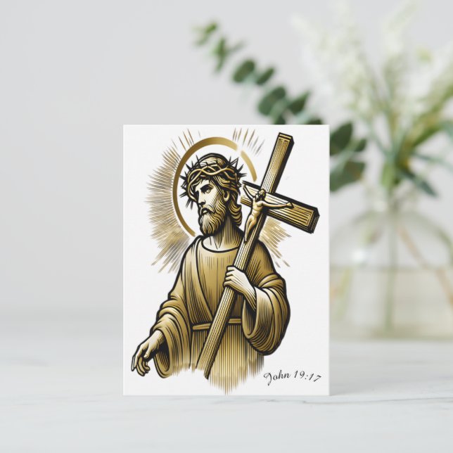 Jesus Carrying Gold Cross with Grace Postcard (Standing Front)