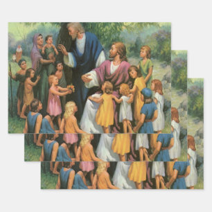 Jesus Christ Blessing Children, Vintage Religion Wrapping Paper Sheet