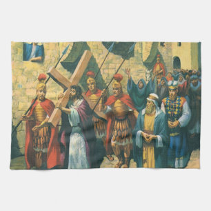 Jesus Christ Carrying the Cross to his Crucifixion Tea Towel