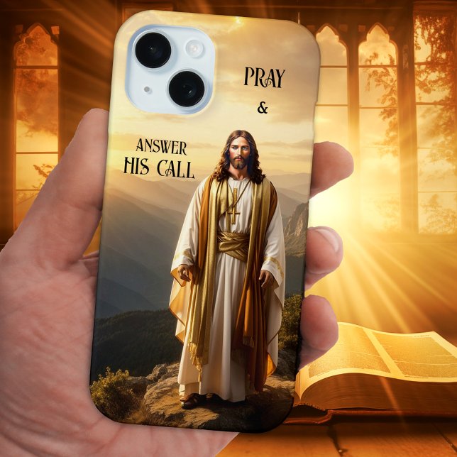 Jesus Christ Christian Spiritual Case-Mate iPhone Case (Spiritual phone case showing a painting of Jesus Christ in a mountain landscape at sunset - religion)