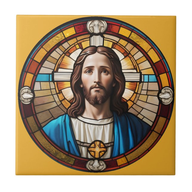 Jesus Christ Circular Faux Stained Glass Circle Tile (Front)