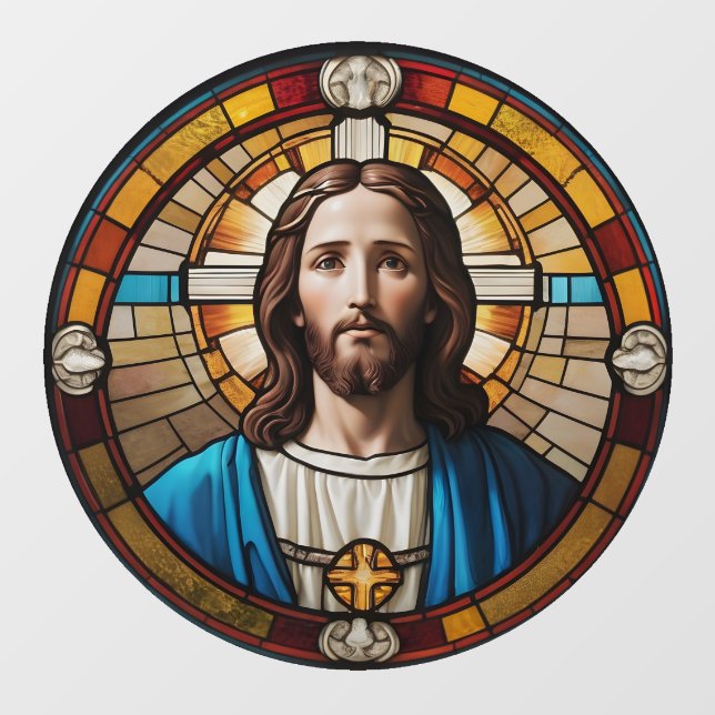 Jesus Christ Circular Faux Stained Glass Circle Window Cling (Sheet)