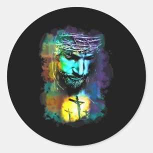 Jesus Christ Cross Religious Cture Christian Art P Classic Round Sticker