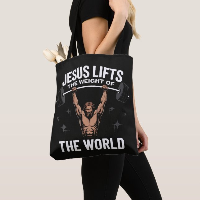 Jesus Christ Deadlifting Tote Bag (Close Up)