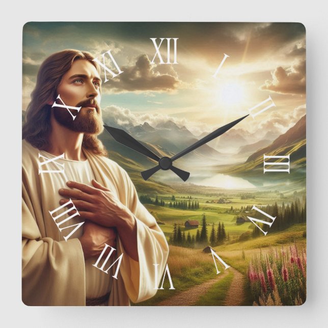 Jesus Christ Digital Painting Roman Numeral Square Wall Clock (Front)