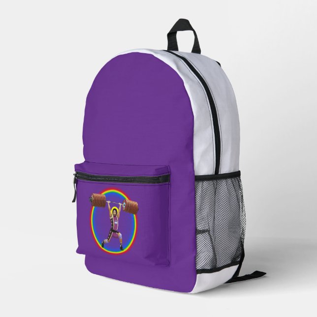Jesus Christ doing the Clean and Jerk Printed Backpack (Back Corner Right)