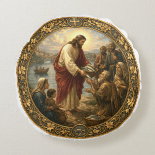 Jesus Christ feeding fish to the poor Round Cushion