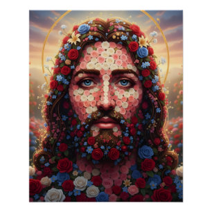 Jesus Christ Floral Mosaic Portrait Spiritual Wall Poster