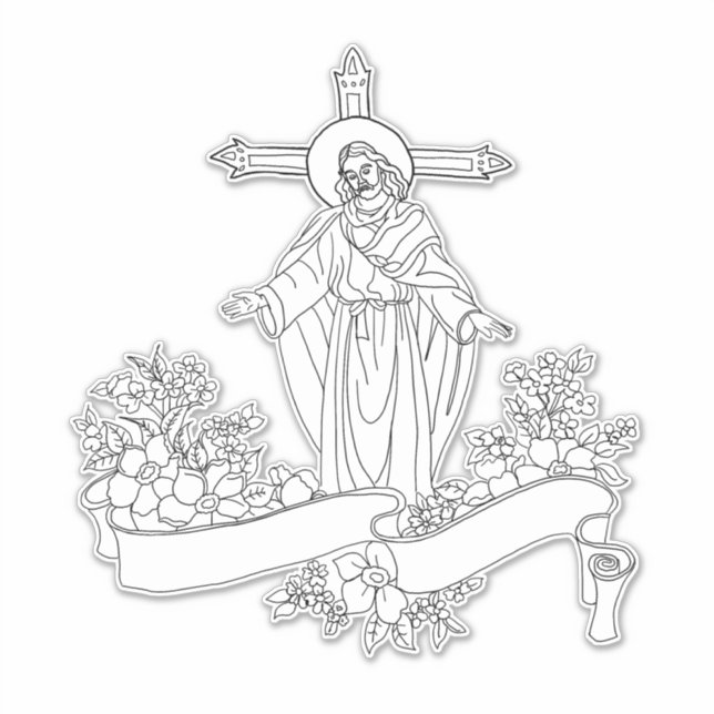 jesus Christ flowers scroll art colouring page  (Front)