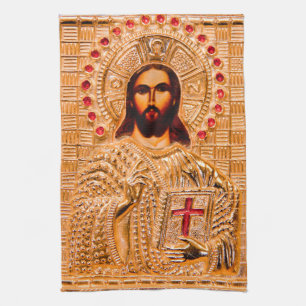 Jesus christ golden icon tea towel