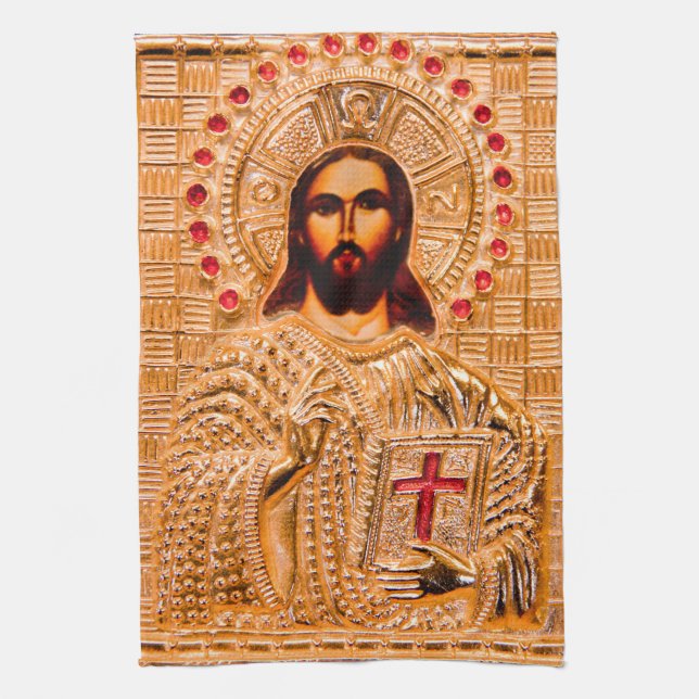 Jesus christ golden icon tea towel (Vertical)
