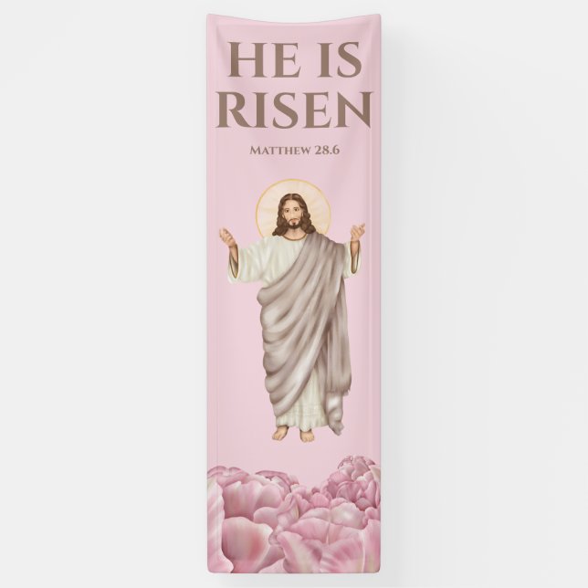 Jesus Christ he is risen catholic holiday pink Banner (Vertical)