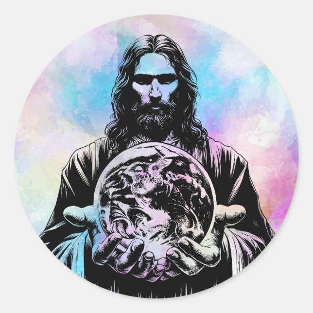 Jesus Christ Holding The world Art illustration Classic Round Sticker (Front)