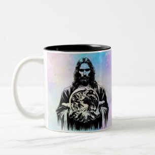 Jesus Christ Holding The world Art illustration Two-Tone Coffee Mug