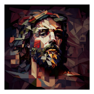 Jesus Christ in Burgundy and Gold Angular Forms Poster
