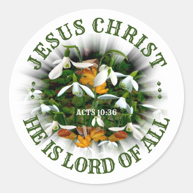 Jesus Christ Lord of all  pretty white Snowdrops Classic Round Sticker (Front)