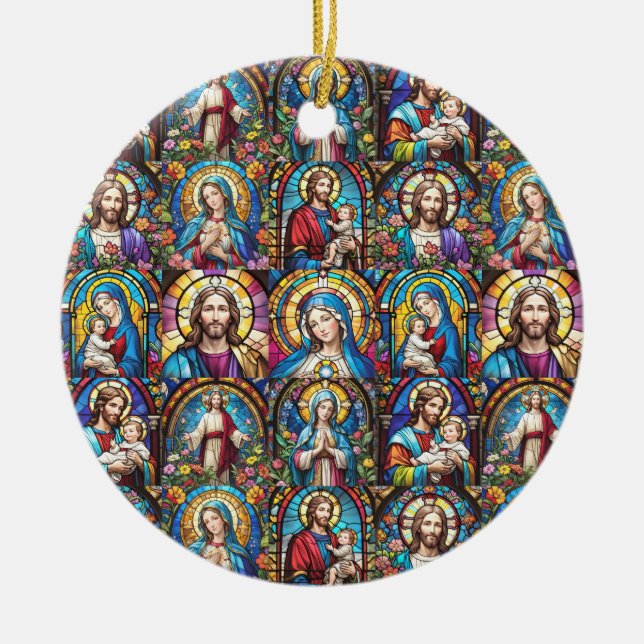 Jesus Christ Mary & Joseph Christian Stained Glass Ceramic Tree Decoration (Front)