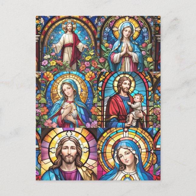 Jesus Christ Mary & Joseph Christian Stained Glass Postcard (Front)