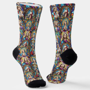 Jesus Christ Mary & Joseph Christian Stained Glass Socks