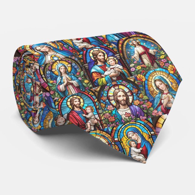 Jesus Christ Mary & Joseph Christian Stained Glass Tie (Rolled)