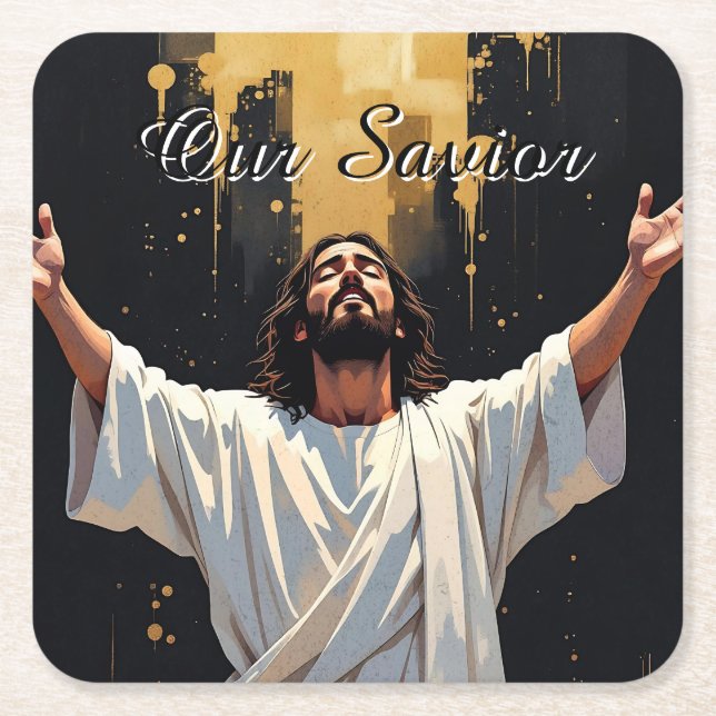 Jesus Christ Our Saviour | Black and Gold Square Paper Coaster (Front)