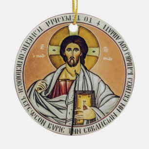 Jesus Christ Pantocrator Byzantine Icon Art Ceramic Tree Decoration
