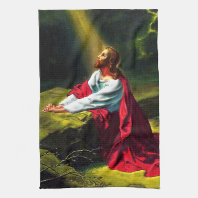 Jesus Christ Praying in the Garden of Gethsemane Tea Towel (Vertical)