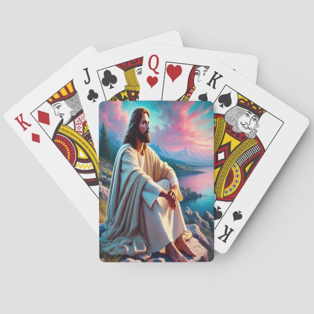 Jesus Christ Reflecting Beside Gentle Seashore  Playing Cards (Back)