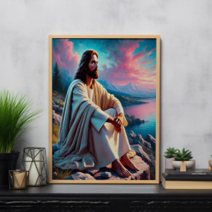 Jesus Christ Reflecting Beside Gentle Seashore Poster