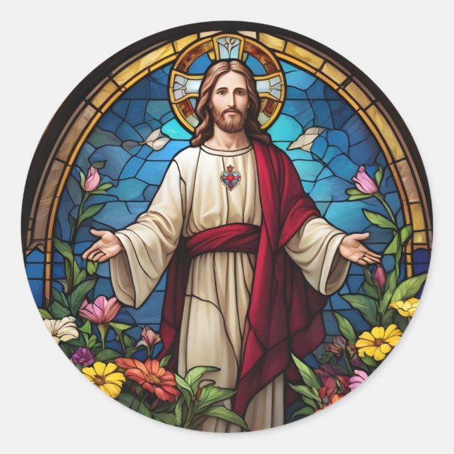 Jesus Christ Sacred Heart Faux Stained Glass Classic Round Sticker (Front)