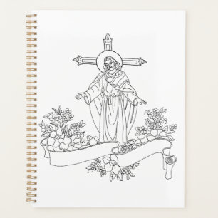 jesus Christ scroll and flowers art colouring page Planner