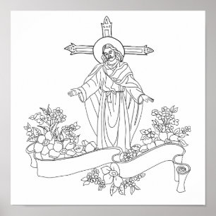 jesus Christ scroll and flowers art colouring page Poster