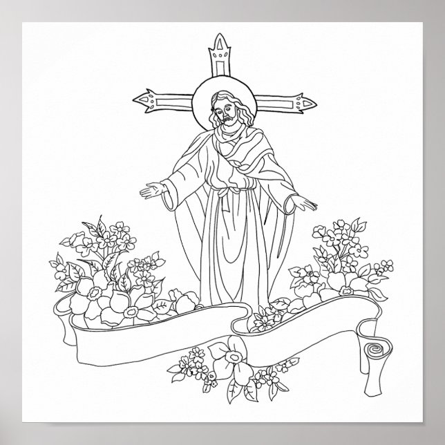 jesus Christ scroll and flowers art colouring page Poster (Front)