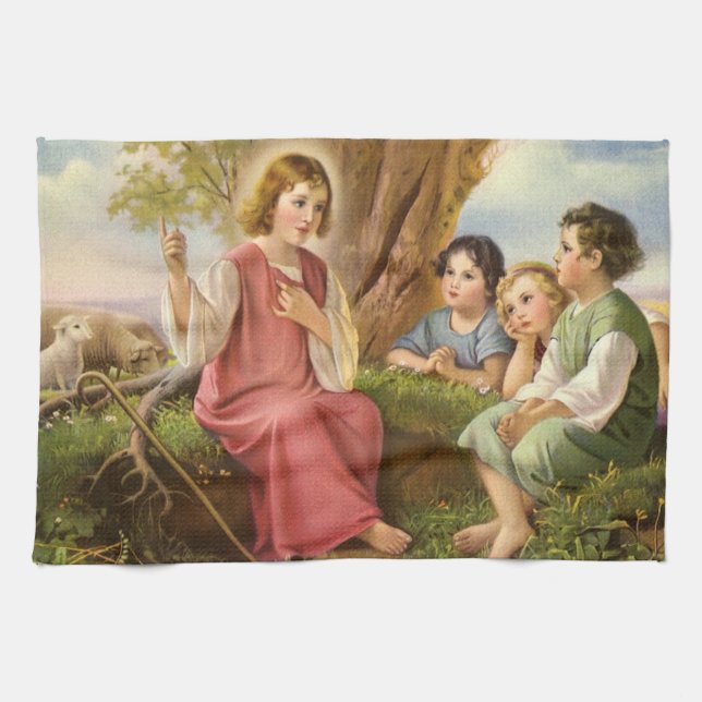 Jesus Christ Teaching Children, Vintage Religion Tea Towel (Horizontal)