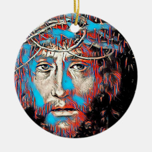 Jesus Christ Wearing Thorn Crown Abstract Painting Ceramic Tree Decoration