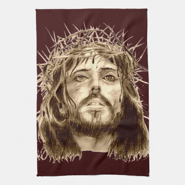 Jesus Christ with a Crown of Thorns Tea Towel (Vertical)