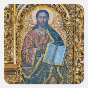 Jesus Christ with Intricate Gold Frame Icon Square Sticker