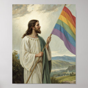 Jesus Christ with the Rainbow Pride Flag Poster