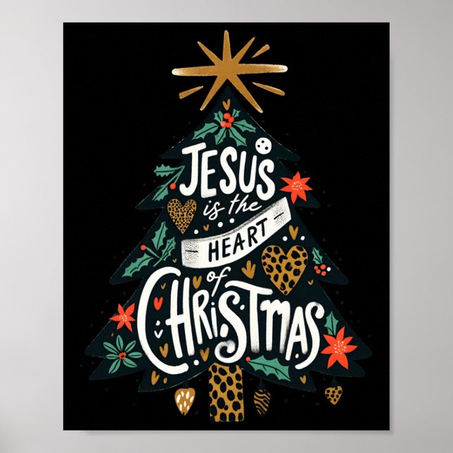 Jesus Christian Christmas Tree Men Women Kids Xmas Poster (Front)