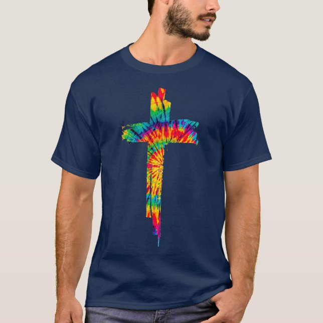 Jesus Christian Cross Tie Dye Rainbow Religious T-Shirt (Front)