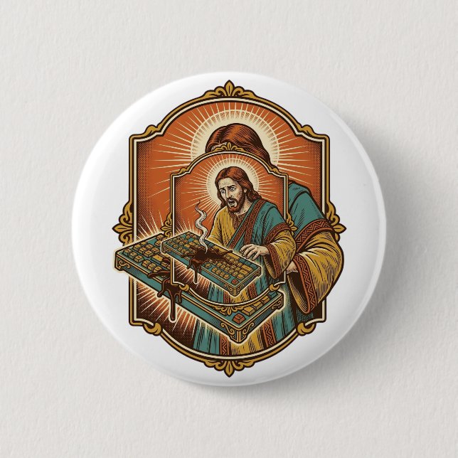 Jesus Coffee Spill Mechanical Keyboard Broken Tech 6 Cm Round Badge (Front)