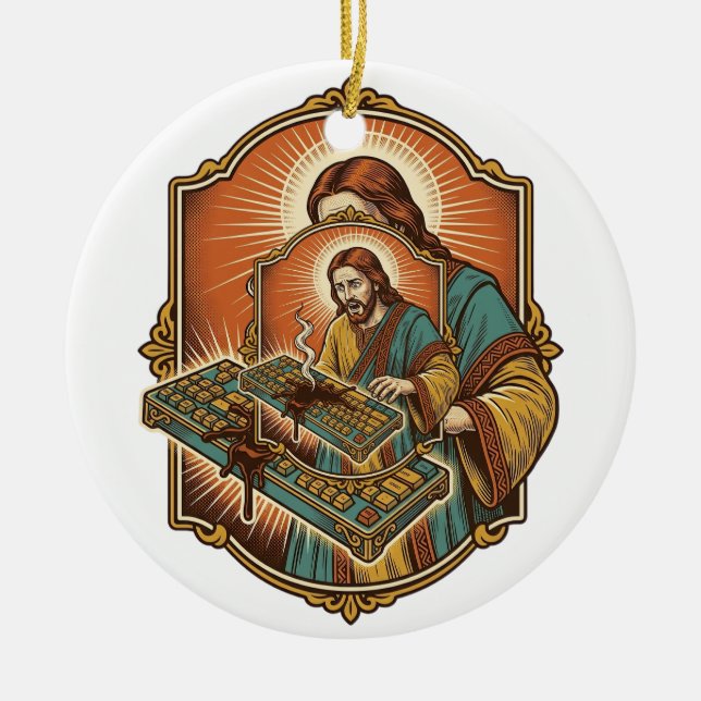 Jesus Coffee Spill Mechanical Keyboard Broken Tech Ceramic Tree Decoration (Front)