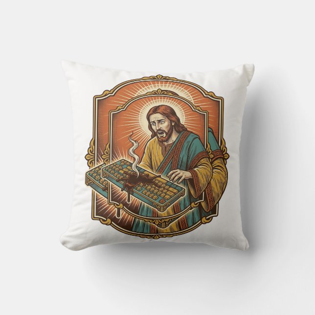 Jesus Coffee Spill Mechanical Keyboard Broken Tech Cushion (Front)