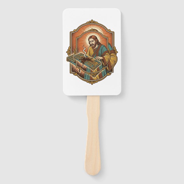 Jesus Coffee Spill Mechanical Keyboard Broken Tech Hand Fan (Front)
