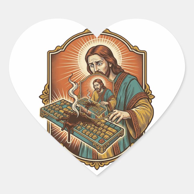 Jesus Coffee Spill Mechanical Keyboard Broken Tech Heart Sticker (Front)