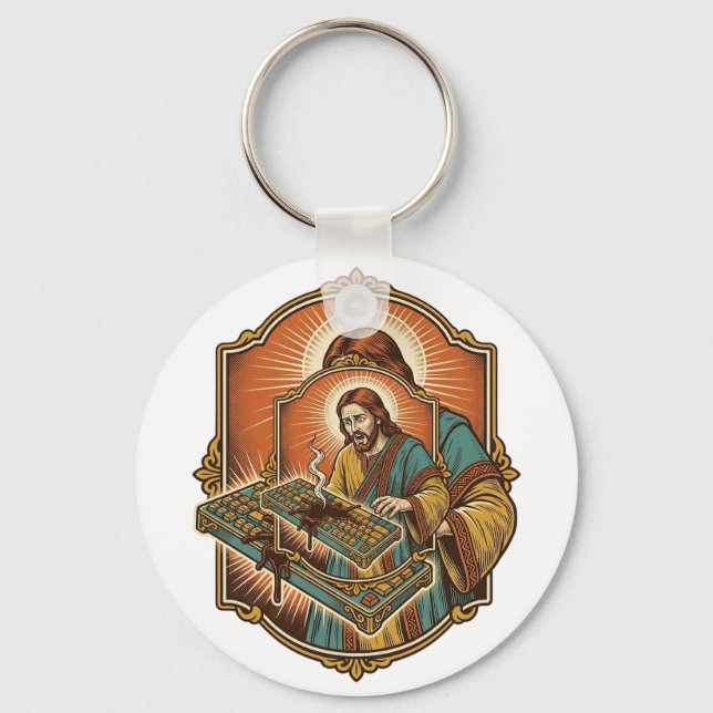 Jesus Coffee Spill Mechanical Keyboard Broken Tech Key Ring (Front)